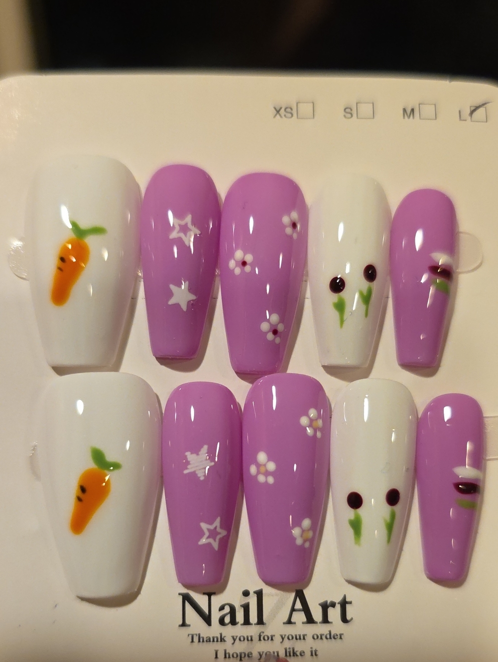 Purple & White Floral Nail Art Set - Size Large